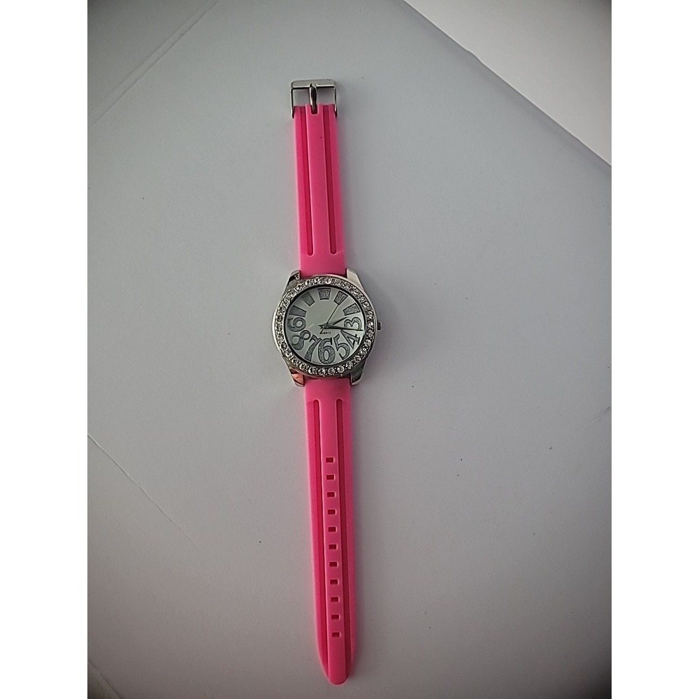 Vintage Wristwatch Watch Silver Tone Womens‎ Crystals White Pink Two Strap